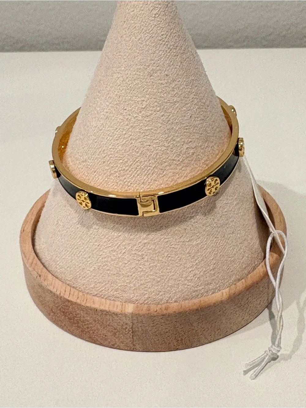 Tory Burch Black Enamel Bangle with Gold Logo Discs